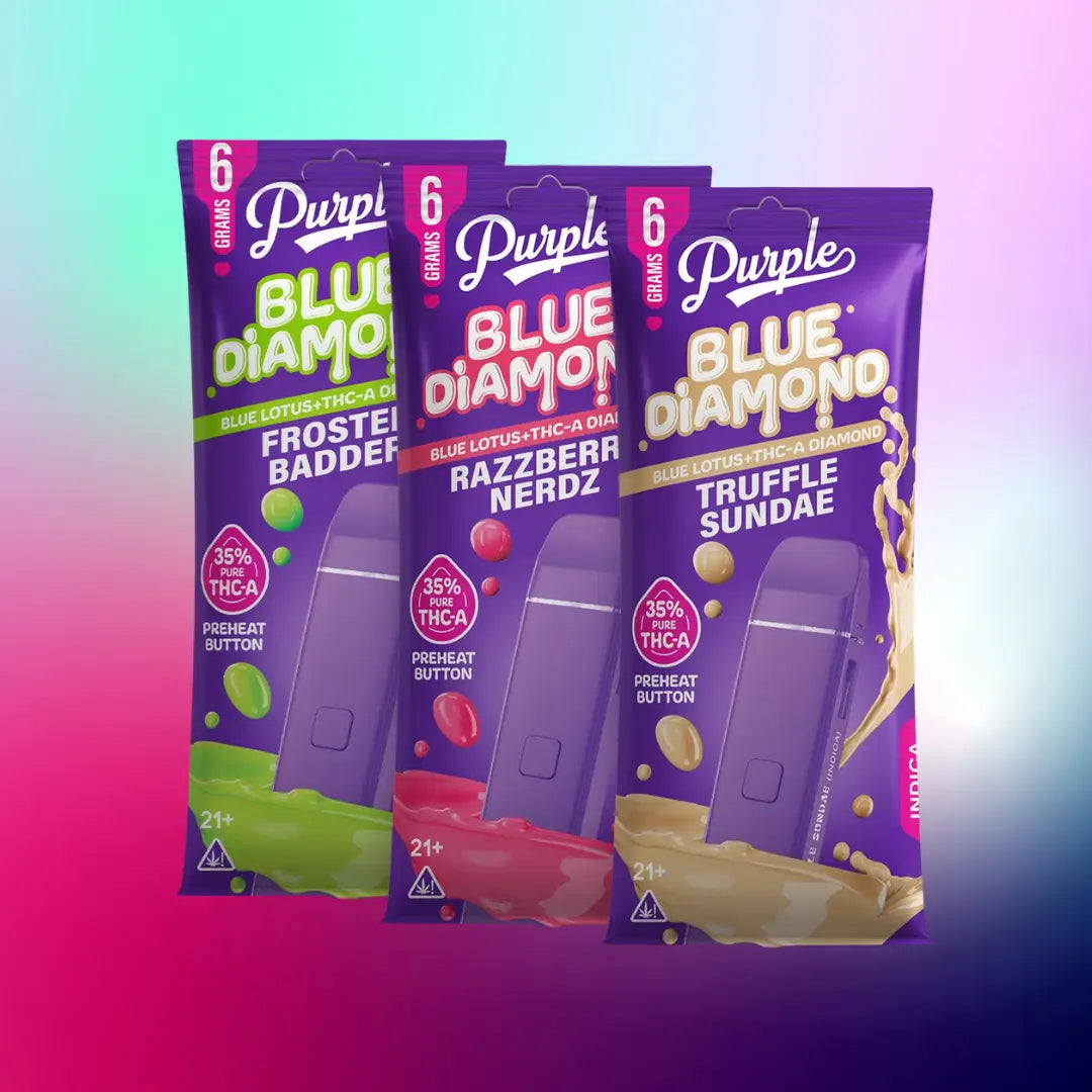 PURPLE BLUE DIAMOND BLUE LOTUS + THCA DIAMONDS 6GM DISPOSABLE PURPLE BLUE DIAMOND